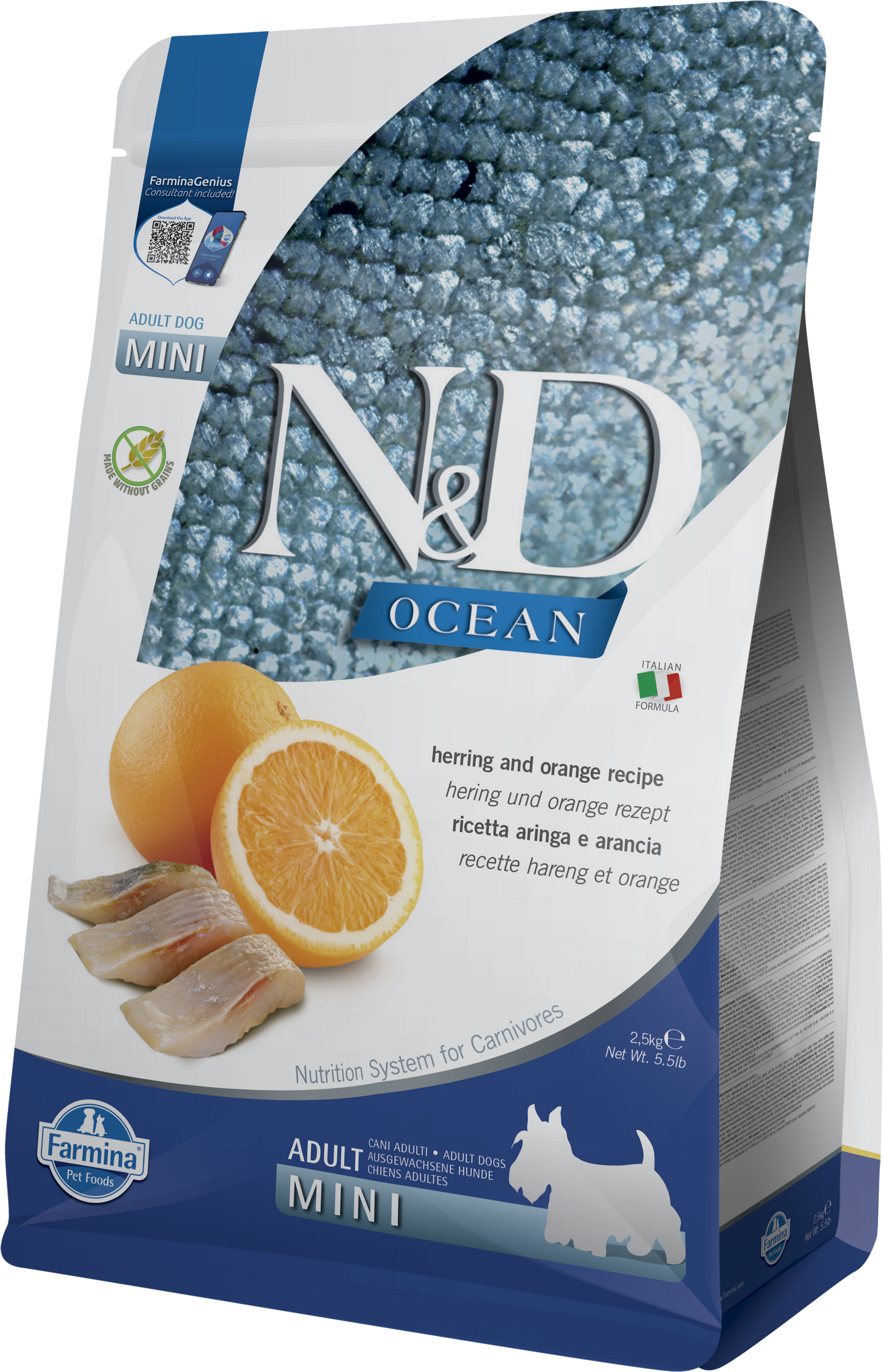【Farmina 法米納】N&D Ocean 海洋無穀系列 鯡魚&甜橙味 成犬專用配方 (小顆粒 2.5kg / 7kg 北歐鮮魚 護膚亮毛低敏糧)