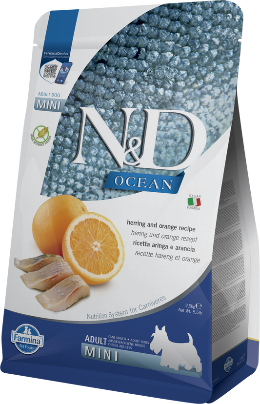【Farmina 法米納】N&D Ocean 海洋無穀系列 鯡魚&甜橙味 成犬專用配方 (小顆粒 2.5kg / 7kg 北歐鮮魚 護膚亮毛低敏糧)