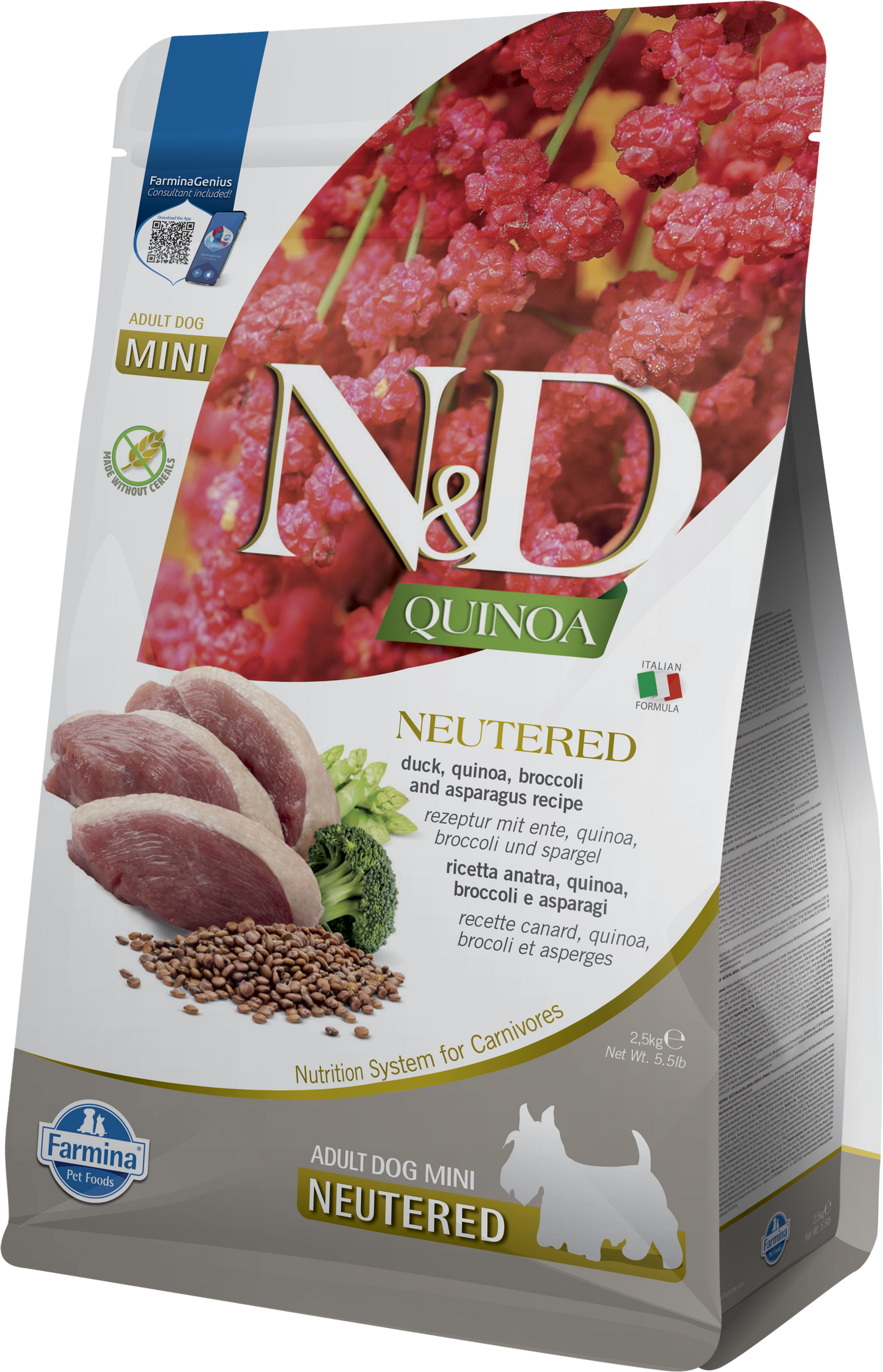 【Farmina 法米納】N&D Quinoa 天然藜麥無穀機能系列 鴨肉蘆筍絕育成犬配方 (小顆粒 2.5kg 專為結紮犬設計 代謝調節控體飽足)