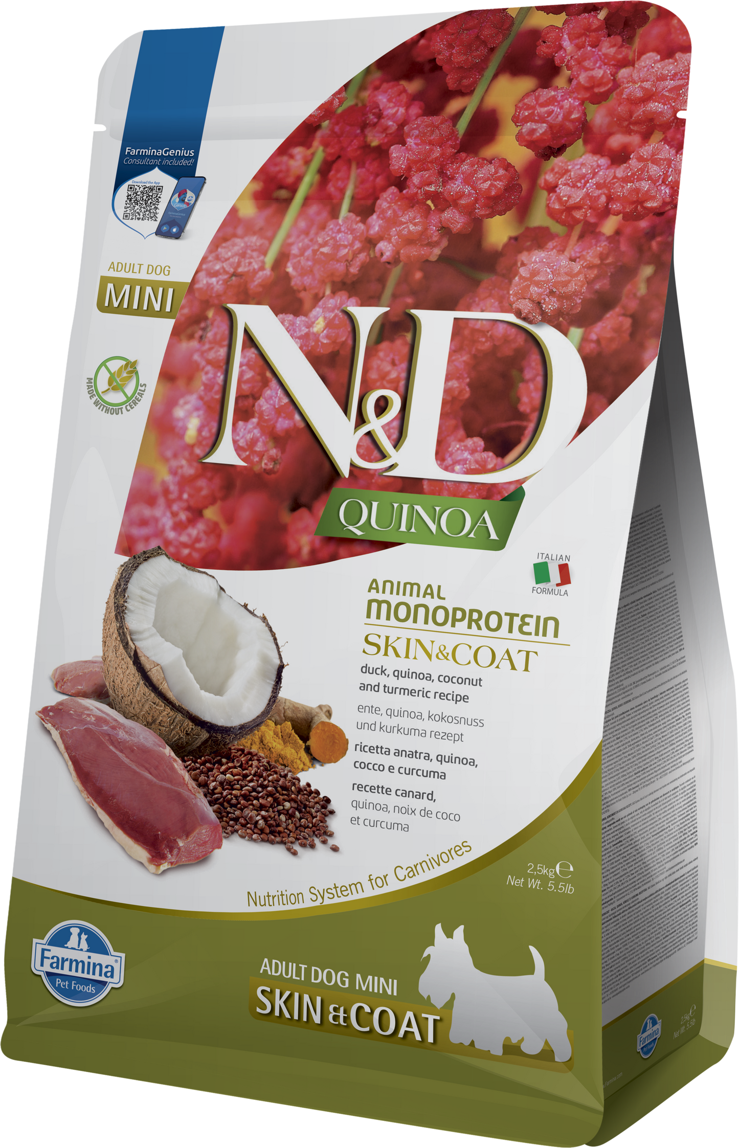 【Farmina 法米納】N&D Quinoa 天然藜麥無穀機能系列 鴨肉椰子皮毛保健成犬配方 (小顆粒 2.5kg 頂級低敏肉源 深度滋養毛囊)