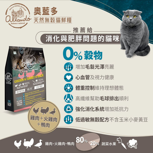 Allando 奧藍多天然無穀貓鮮糧 - 雞火鴨三禽配方 2.27Kg / 6.8Kg