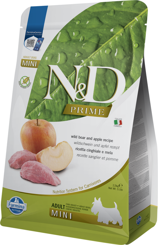 【Farmina 法米納】N&D Prime 頂級無穀系列 野豬&蘋果味 成犬專用配方 (小顆粒 2.5kg / 7kg 義大利放牧野豬 纖維整腸強體質)