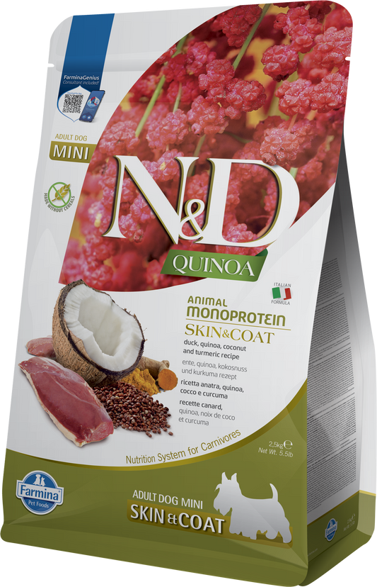 【Farmina 法米納】N&D Quinoa 天然藜麥無穀機能系列 鴨肉椰子皮毛保健成犬配方 (小顆粒 2.5kg 頂級低敏肉源 深度滋養毛囊)