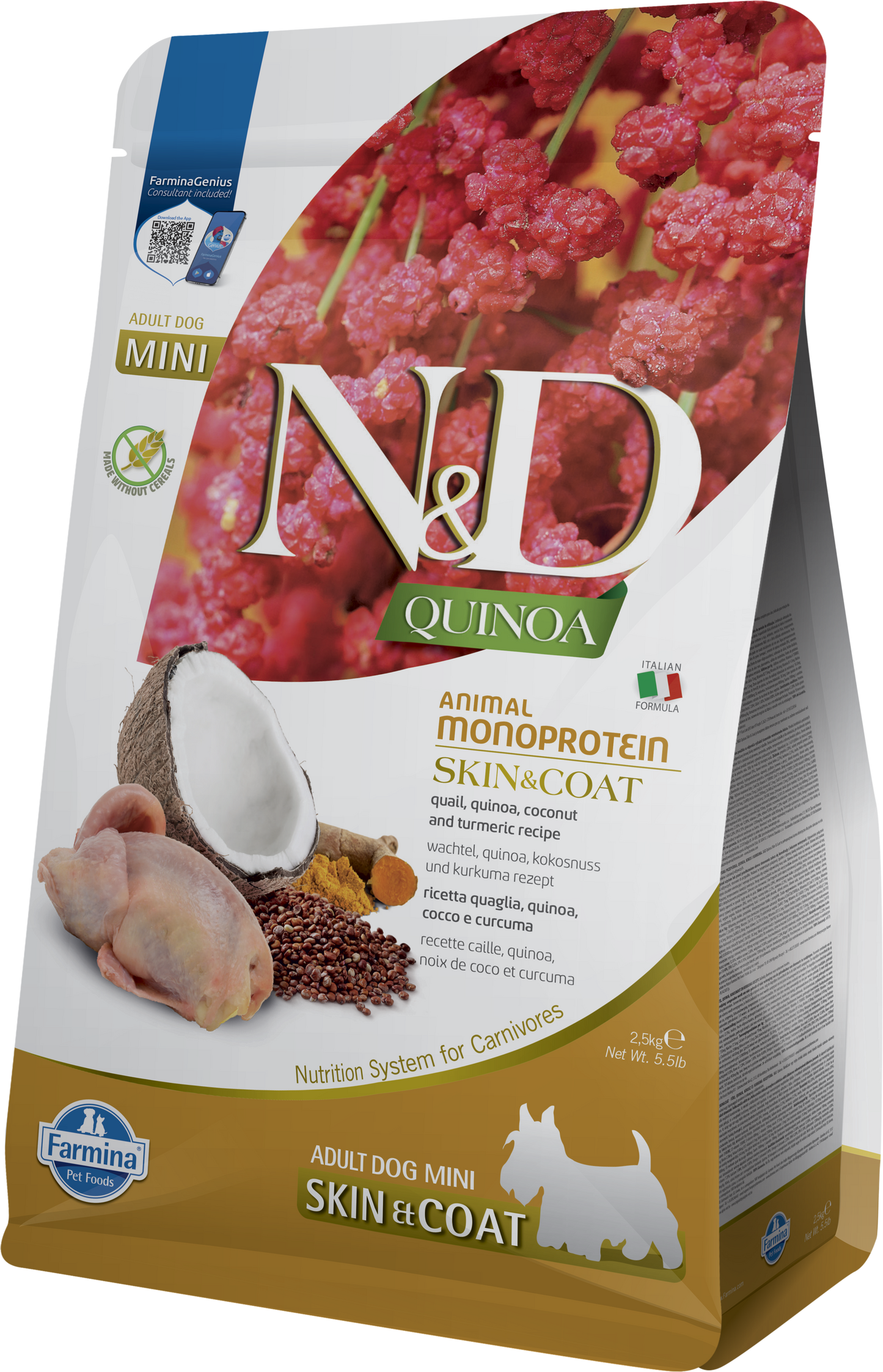 【Farmina 法米納】N&D Quinoa 天然藜麥無穀機能系列 鵪鶉椰子皮毛保健成犬配方 (小顆粒 2.5kg 頂級低敏肉源 深度滋養毛囊)