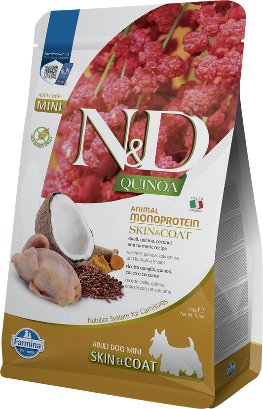 【Farmina 法米納】N&D Quinoa 天然藜麥無穀機能系列 鵪鶉椰子皮毛保健成犬配方 (小顆粒 2.5kg 頂級低敏肉源 深度滋養毛囊)