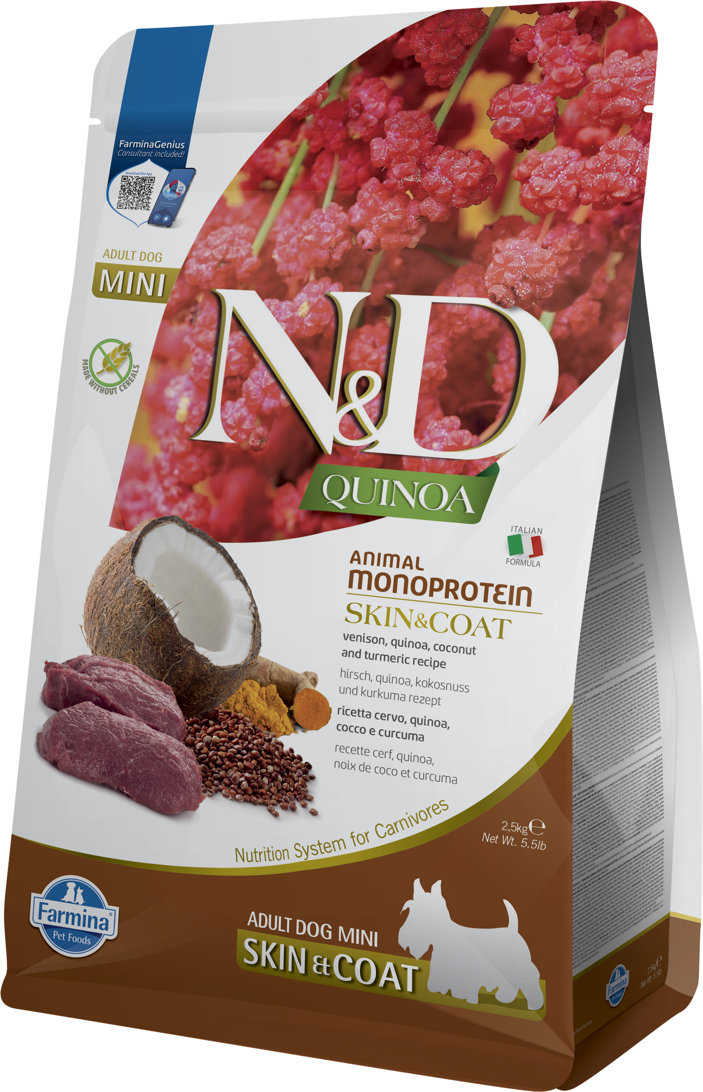 【Farmina 法米納】N&D Quinoa 天然藜麥無穀機能系列 鹿肉椰子皮毛保健成犬配方 (小顆粒 2.5kg 頂級低敏肉源 深度滋養毛囊)