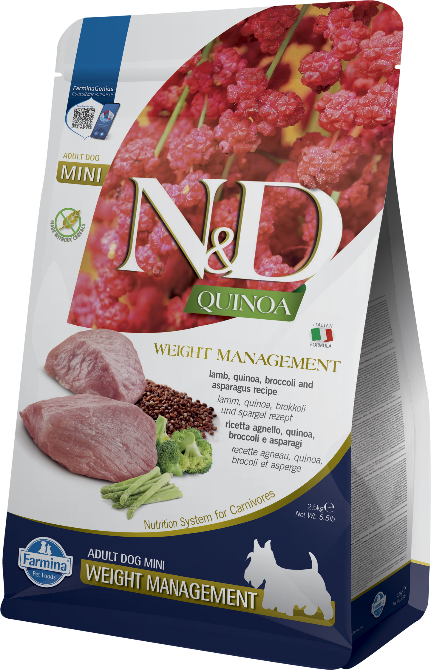 【Farmina 法米納】N&D Quinoa 天然藜麥無穀機能系列 羊肉蘆筍體重管理成犬配方 (小顆粒 2.5kg 低脂高纖強效減重 保持輕盈體態)