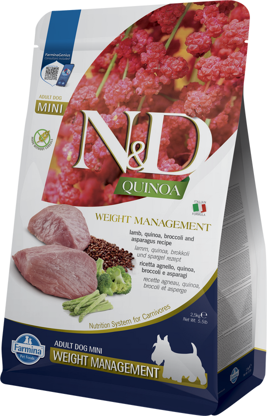 【Farmina 法米納】N&D Quinoa 天然藜麥無穀機能系列 羊肉蘆筍體重管理成犬配方 (小顆粒 2.5kg 低脂高纖強效減重 保持輕盈體態)