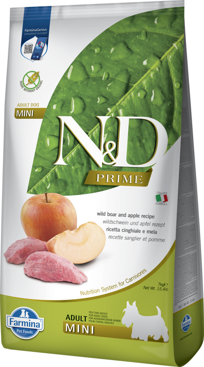 【Farmina 法米納】N&D Prime 頂級無穀系列 野豬&蘋果味 成犬專用配方 (小顆粒 2.5kg / 7kg 義大利放牧野豬 纖維整腸強體質)