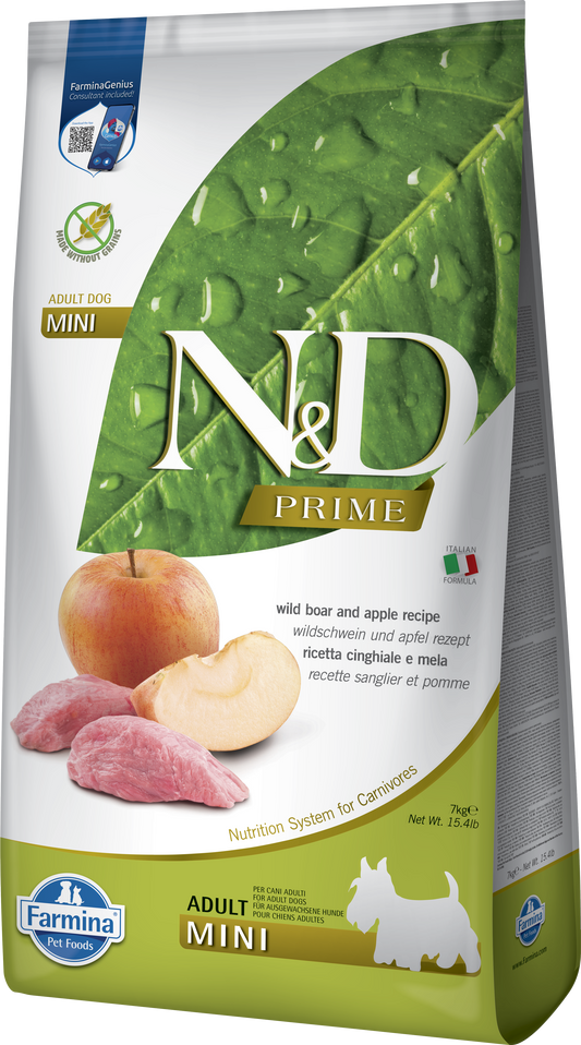 【Farmina 法米納】N&D Prime 頂級無穀系列 野豬&蘋果味 成犬專用配方 (小顆粒 2.5kg / 7kg 義大利放牧野豬 纖維整腸強體質)