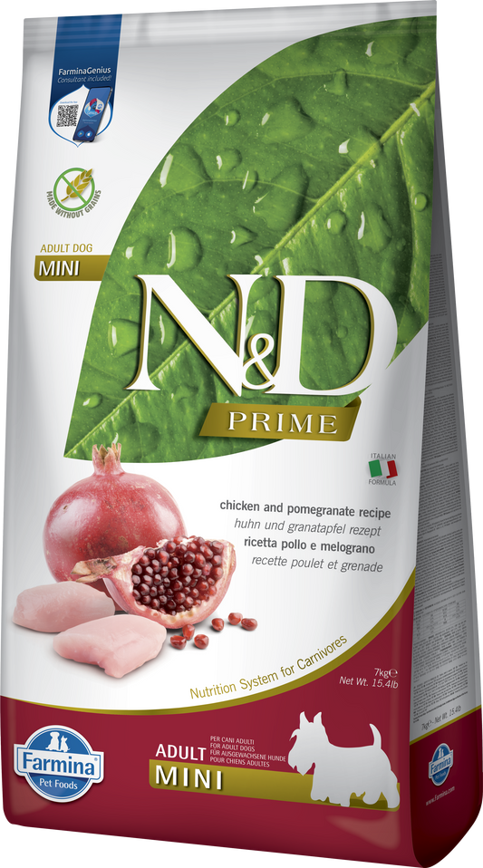 【Farmina 法米納】N&D Prime 頂級無穀系列 雞肉&石榴味 成犬專用配方 (小顆粒 2.5kg / 7kg 義大利放養鮮雞 抗氧之王)