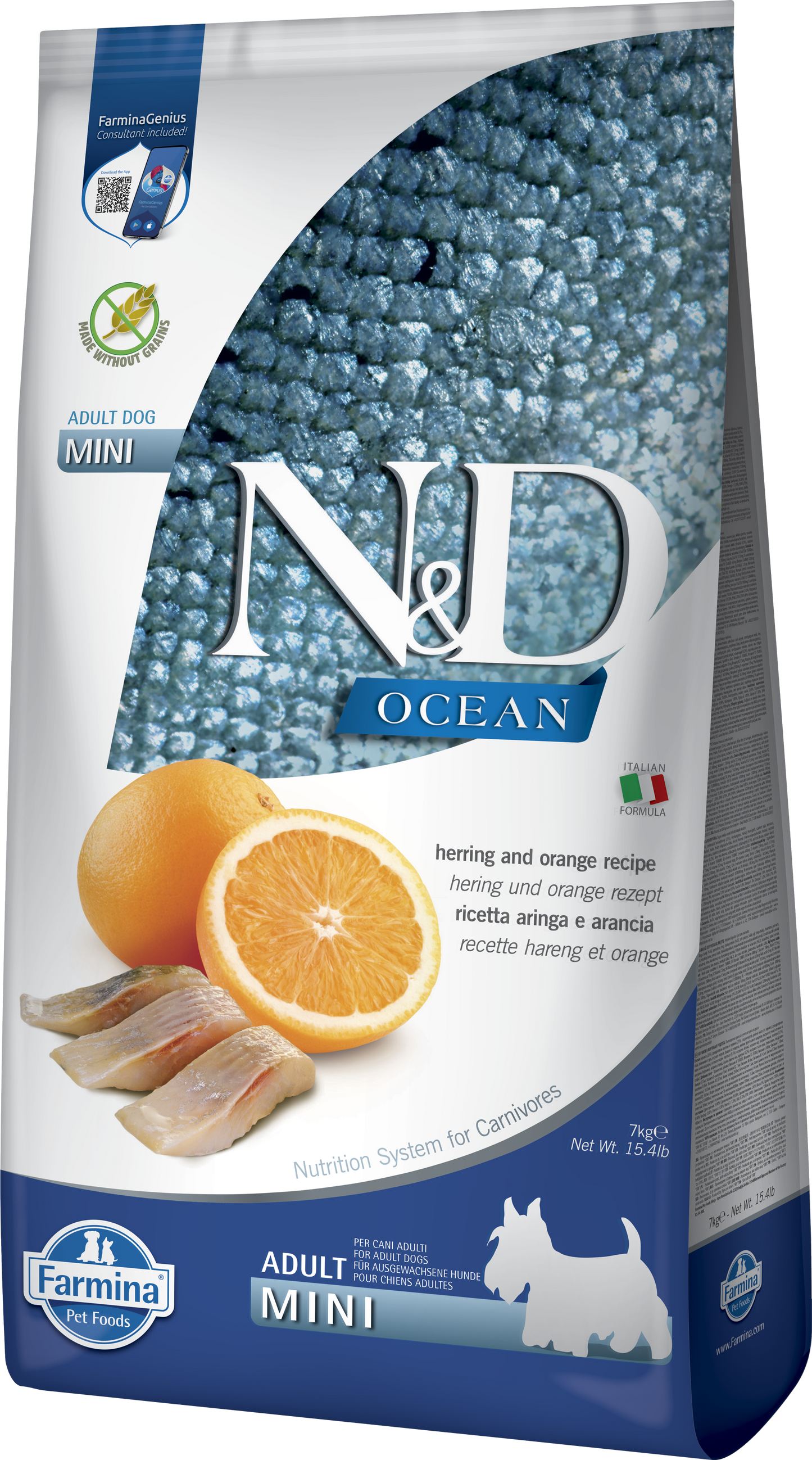 【Farmina 法米納】N&D Ocean 海洋無穀系列 鯡魚&甜橙味 成犬專用配方 (小顆粒 2.5kg / 7kg 北歐鮮魚 護膚亮毛低敏糧)