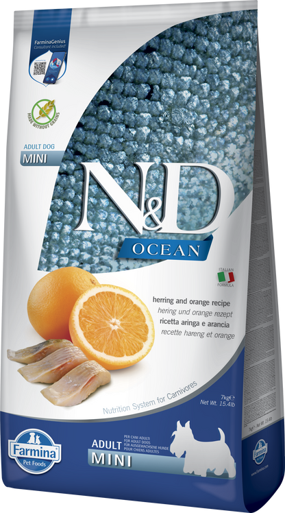 【Farmina 法米納】N&D Ocean 海洋無穀系列 鯡魚&甜橙味 成犬專用配方 (小顆粒 2.5kg / 7kg 北歐鮮魚 護膚亮毛低敏糧)