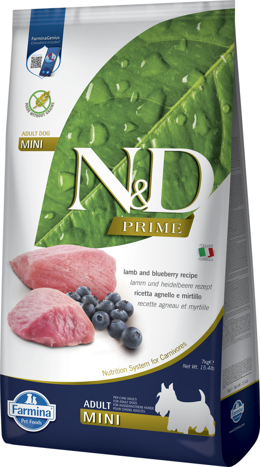 【Farmina 法米納】N&D Prime 頂級無穀系列 羊肉&藍莓味 成犬專用配方 (小顆粒 2.5kg / 7kg 紐西蘭鮮羊肉 護眼益智強體質)