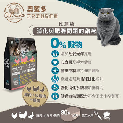 Allando 奧藍多天然無穀貓鮮糧 - 雞火鴨三禽配方 2.27Kg / 6.8Kg