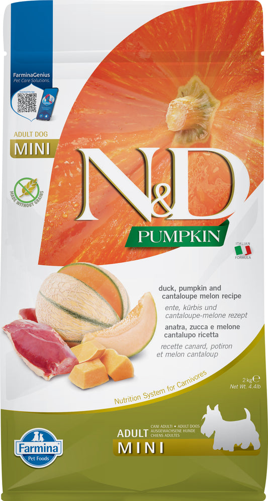 【Farmina 法米納】N&D Pumpkin 南瓜無穀系列 鴨肉&哈密瓜味 成犬專用配方 (小顆粒 2kg 歐洲鮮鴨 新型蛋白腸胃低敏糧)