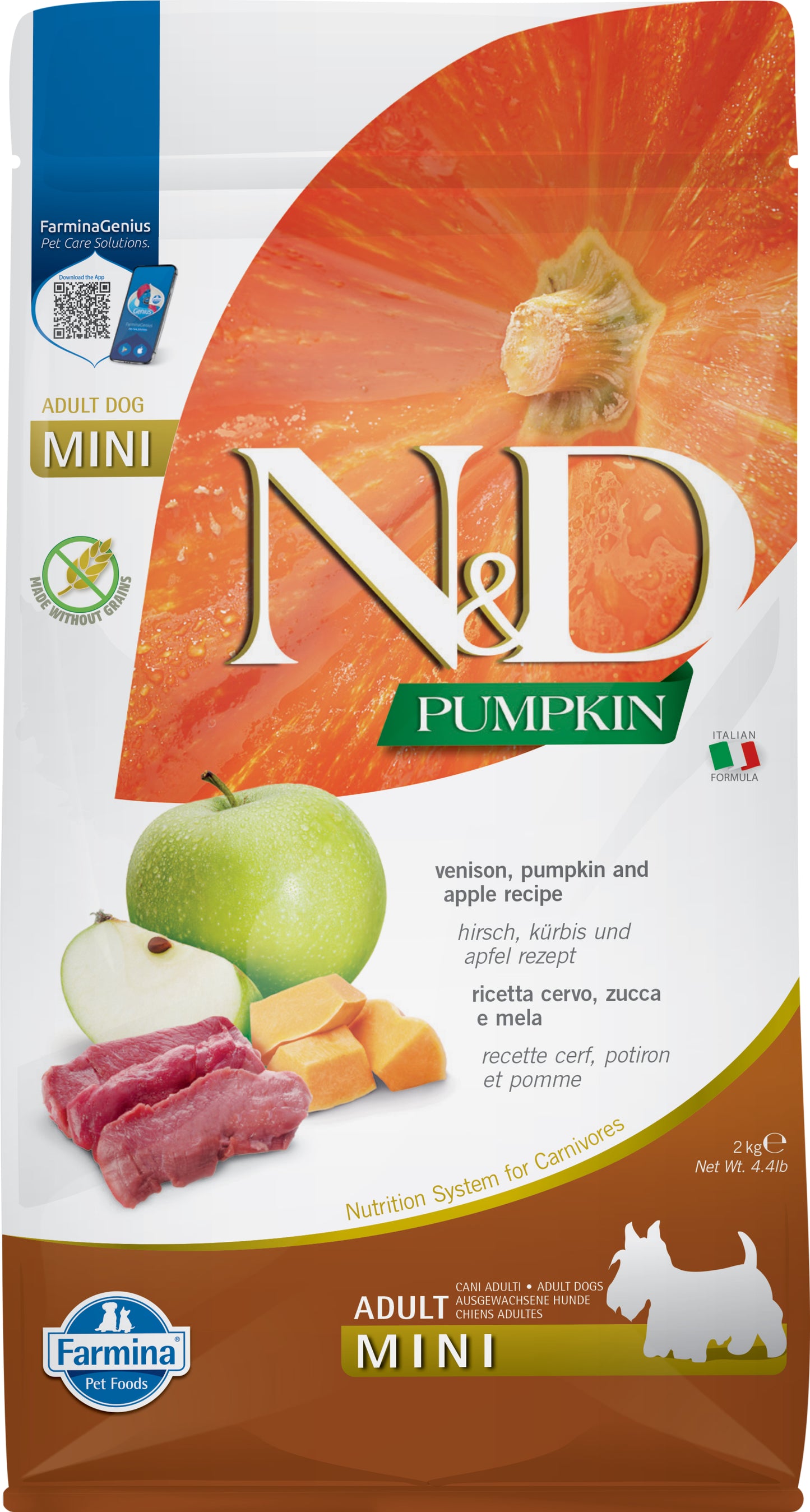 【Farmina 法米納】N&D Pumpkin 南瓜無穀系列 鹿肉&蘋果味 成犬專用配方 (小顆粒 2kg 歐洲鮮鹿 新型蛋白腸胃低敏糧)