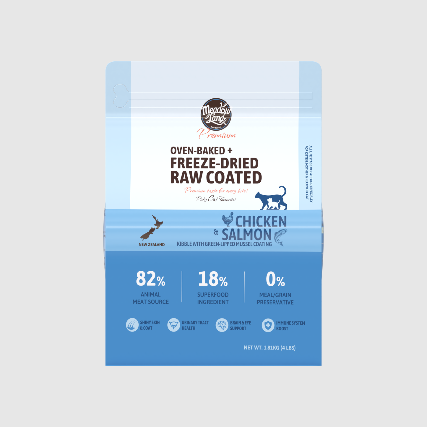 【Meadowland】Oven-Baked 全階段貓糧 1.8kg (烘焙雞肉+三文魚+凍乾青口塗層配方 82%極致肉源 幼貓/孕貓/挑嘴敏感貓)