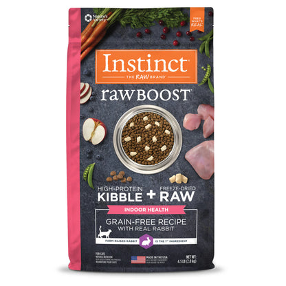 【Instinct 本能】Raw Boost® 無穀物室內貓兔肉全貓糧 (4.5Lbs) (美國製造 | 室內嬌嫩腸胃與易敏貓的頂級膳食，適度低脂控重 X 奢華生肉凍乾丁)