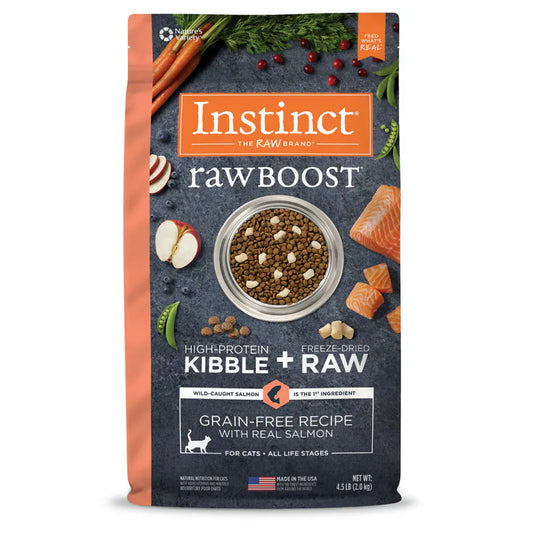【Instinct 本能】Raw Boost® 無穀物生肉三文魚全貓糧 (4.5Lbs) (美國製造 | 美毛與適口性的究極進化，1.7% 逆天超高 Omega-3 X 跨界海陸凍乾丁)